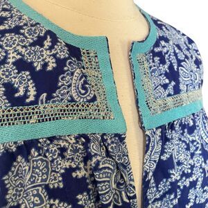 J. Crew Long Sleeve Embroidered Printed Peasant Blue Paisley Blouse S Small
